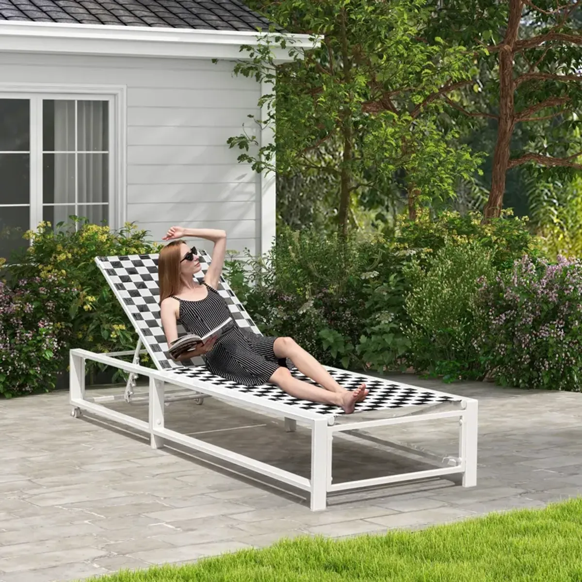 Outdoor Adjustable Patio Chaise Lounge Chair with Wheels and Sturdy Metal Frame