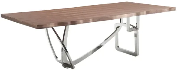 Ady Dining Table, 43x95 Walnut Top, Modern Chrome Steel Abstract Base - Benzara