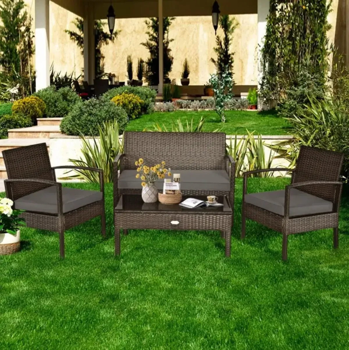 Hivvago 4 Pieces Patio Rattan Cushioned Furniture Set with Loveseat and Table