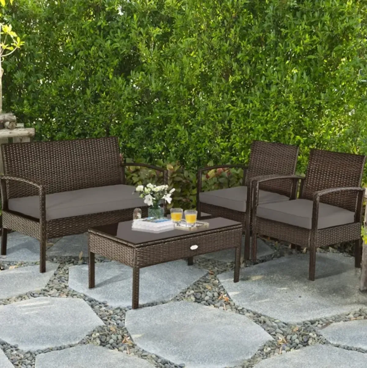 Hivvago 4 Pieces Patio Rattan Cushioned Furniture Set with Loveseat and Table