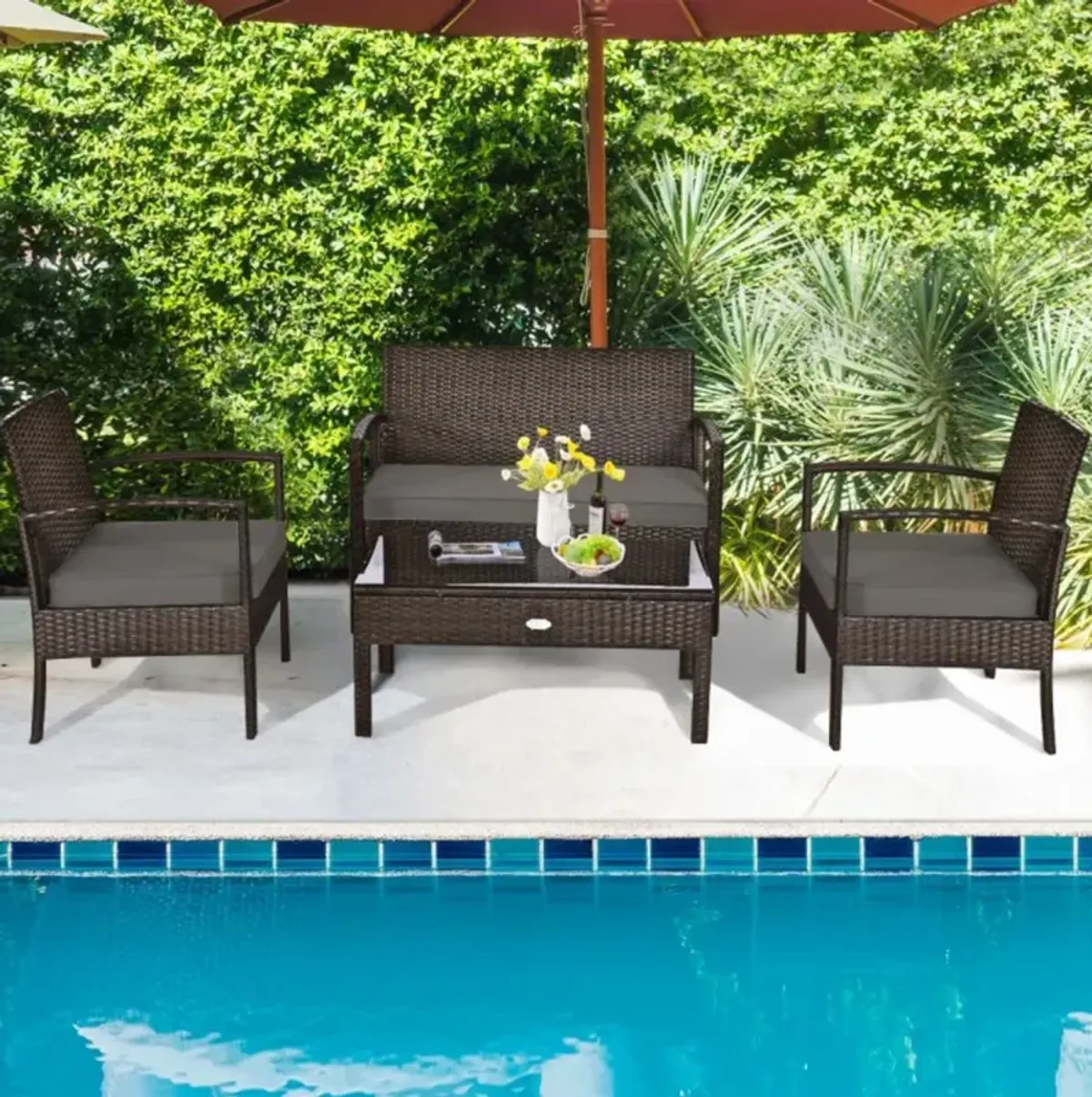 Hivvago 4 Pieces Patio Rattan Cushioned Furniture Set with Loveseat and Table