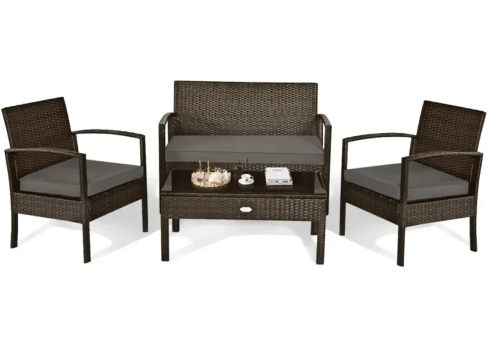 Hivvago 4 Pieces Patio Rattan Cushioned Furniture Set with Loveseat and Table