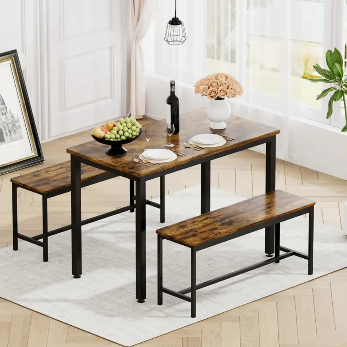 Merax 3 Pieces Dining Table  Bench Set