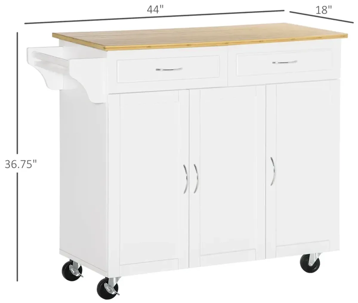 White Kitchen Helper: Mobile Island with Bamboo Top and Storage