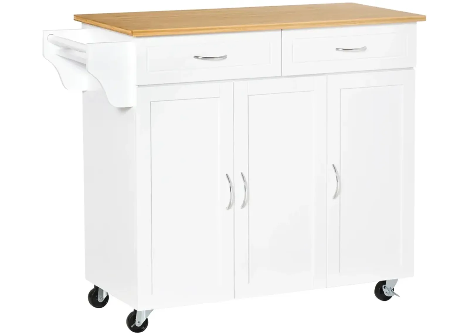 White Kitchen Helper: Mobile Island with Bamboo Top and Storage