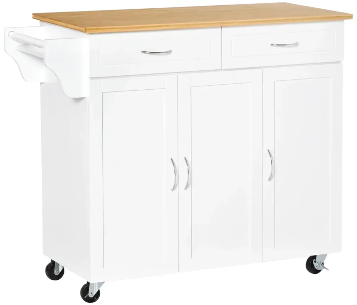 White Kitchen Helper: Mobile Island with Bamboo Top and Storage