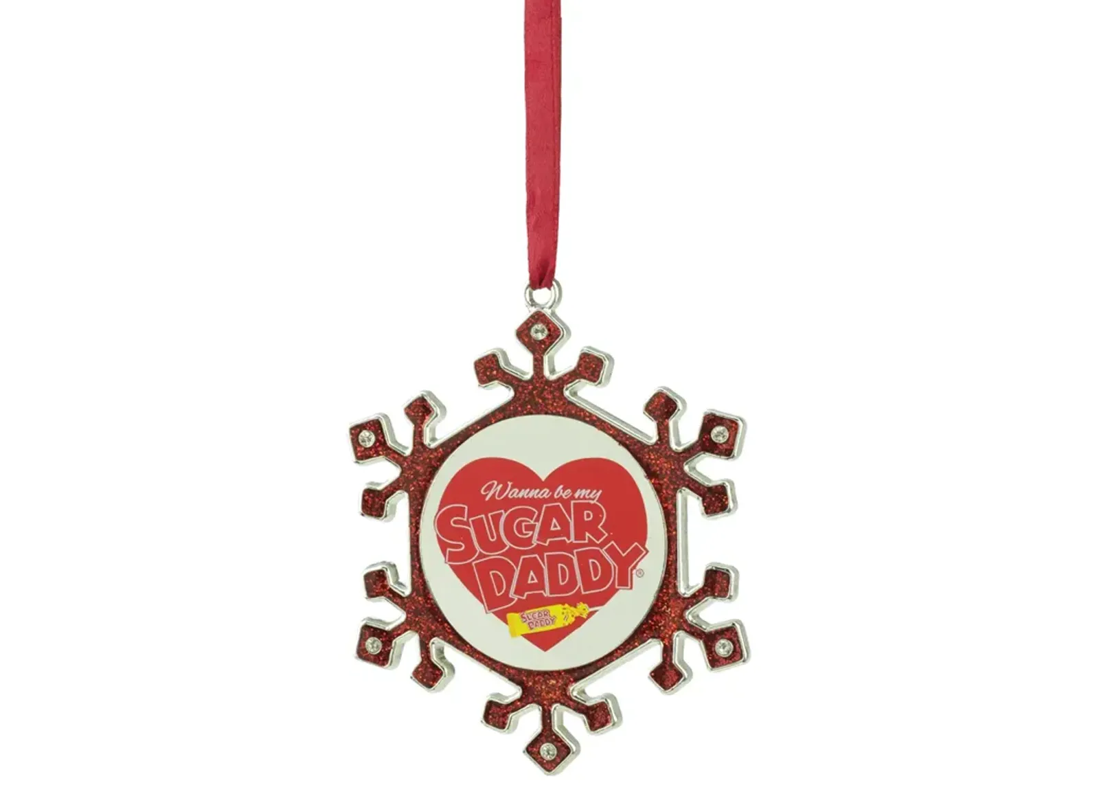 3.5" Red and Silver Snowflake Sugar Daddy Candy Logo Christmas Ornament