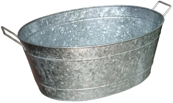 Embossed Design Oval Shape Galvanized Steel Tub with Side Handles, Small, Silver-Benzara