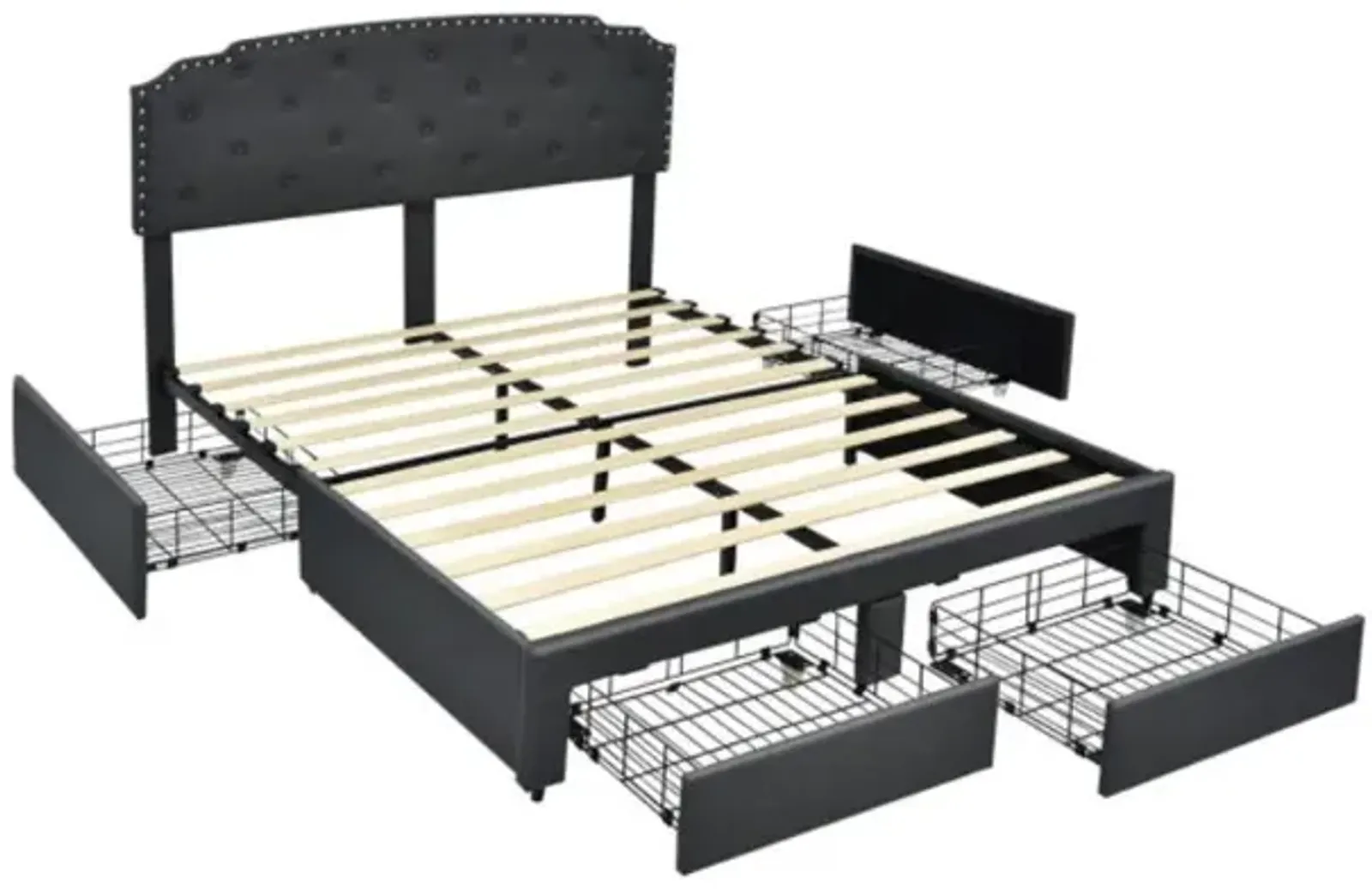 Hivvago Upholstered Bed Frame with 4 Storage Drawers and Adjustable Button-Tufte