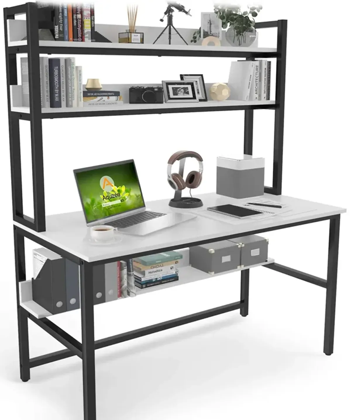 Aquzee Computer Desk with Hutch and Bookshelf, 47 inch Wide White Home Office Desk with Space Saving Design, White Desk with 3 T
