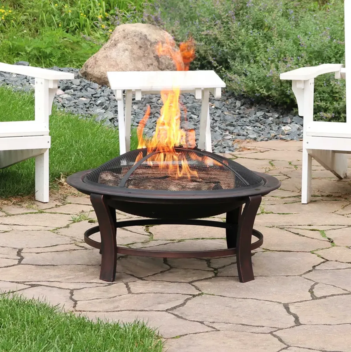 Sunnydaze 29 in Elevated Steel Fire Pit Bowl with Stand, Screen, and Poker