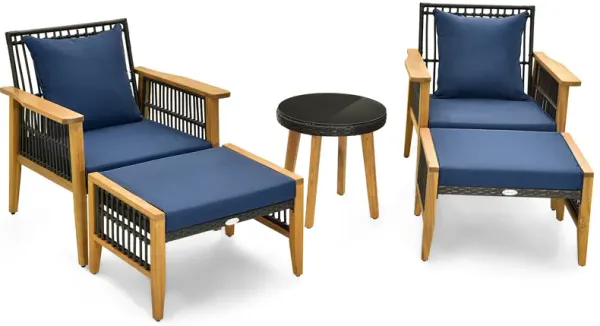 5 Piece Patio Furniture Set with Coffee Table and 2 Ottomans-Navy