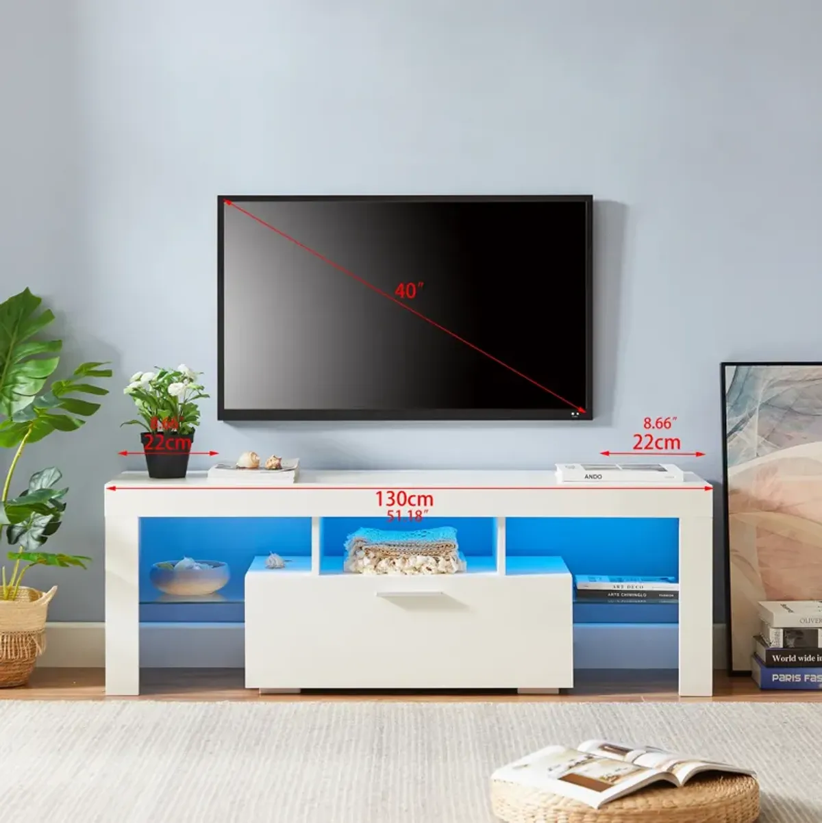 Modern TV Stand With LED Lights, High Glossy Front TV Cabinet