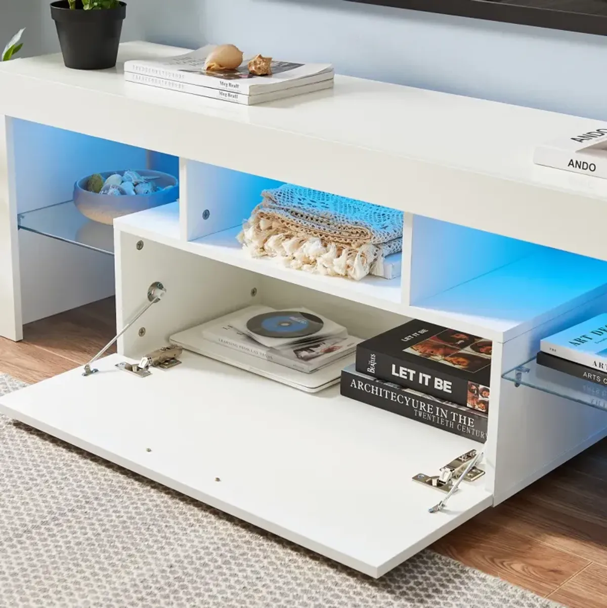 Modern TV Stand With LED Lights, High Glossy Front TV Cabinet