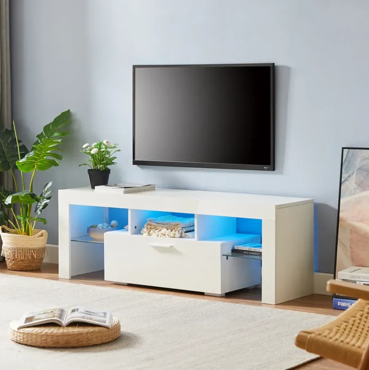 Modern TV Stand With LED Lights, High Glossy Front TV Cabinet