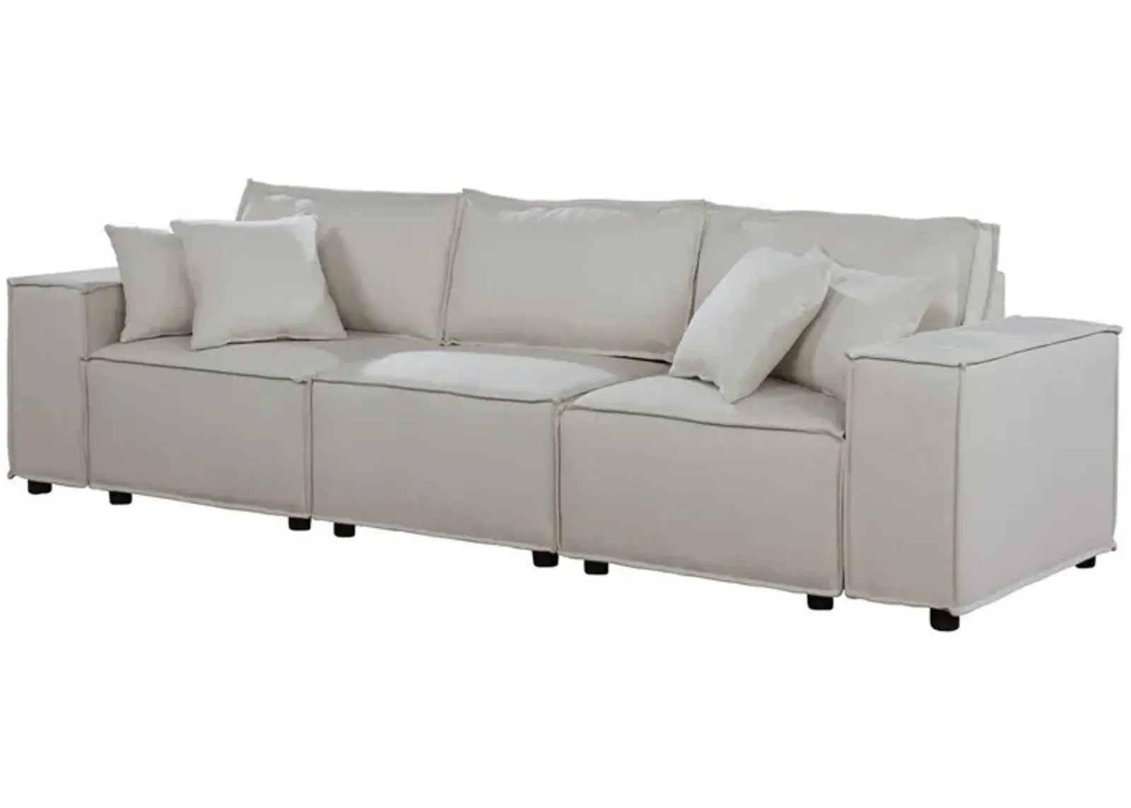 Makai 104 Inch Modular Sofa with Pillows, Square Arms and Welt Trim, Beige-Benzara