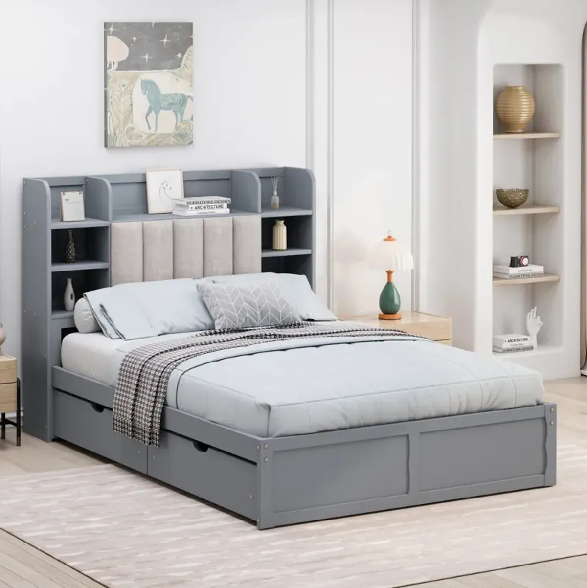 Full Size Bed Frame with Storage, Grey