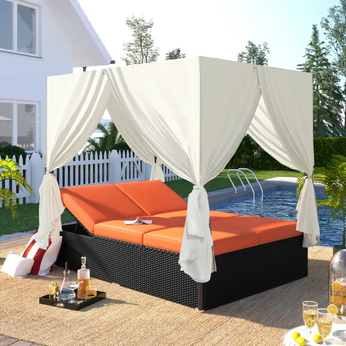 Merax Outdoor Patio Wicker Sunbed Daybed with Cushions