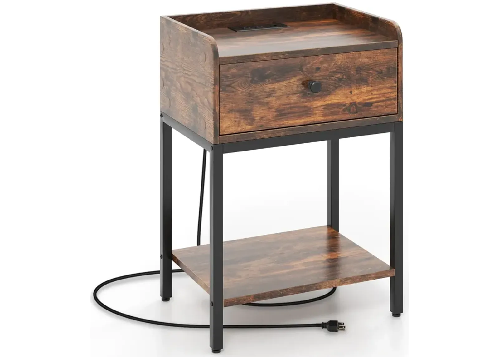 Industrial Bedside Table Nightstand with Charging Station-Rustic Brown