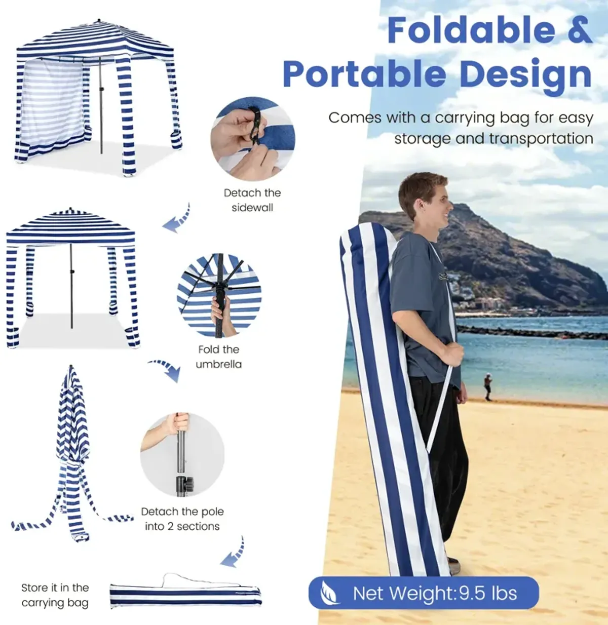 6 x 6 Feet Foldable Beach Cabana Tent with Carrying Bag and Detachable Sidewall