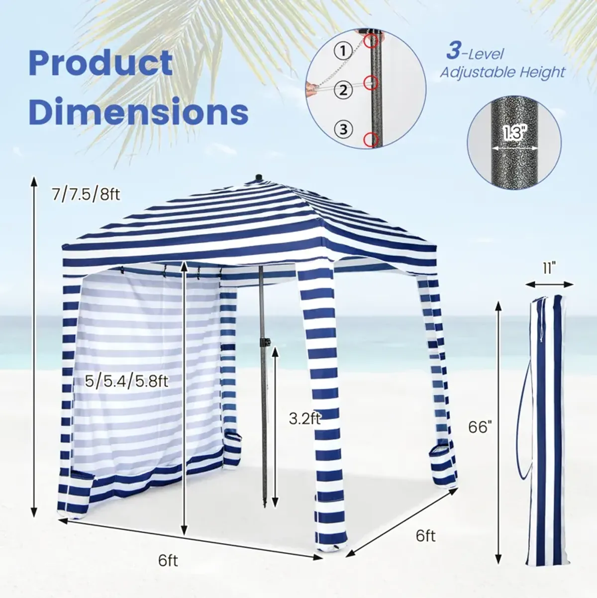 6 x 6 Feet Foldable Beach Cabana Tent with Carrying Bag and Detachable Sidewall