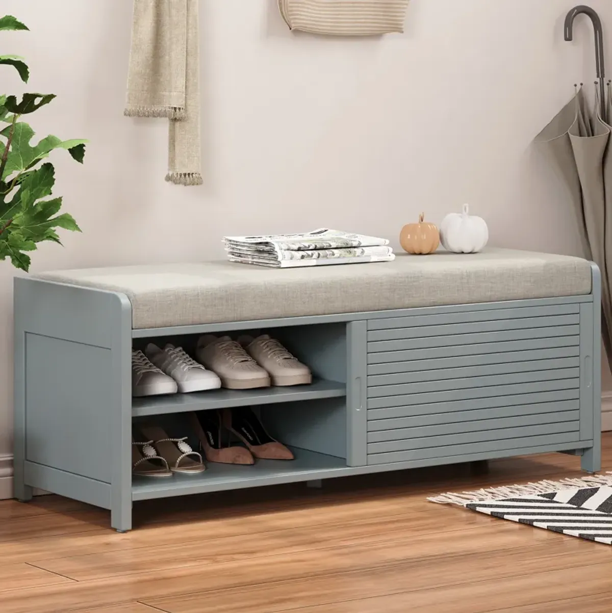 Merax Distressed Shutter Storage Bench with Acacia Veneer