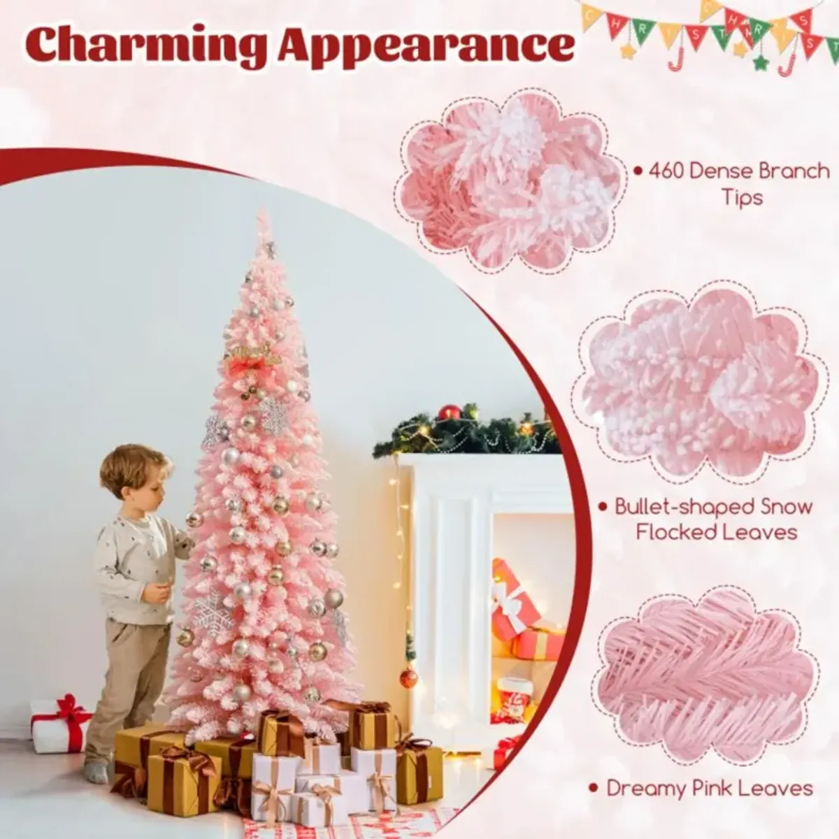 Hivvago 6 FT Artificial Pink Christmas Tree with 460 Branch Tips for Holiday