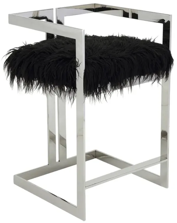 Suki 26 Inch Counter Stool Chair, Black Faux Fur, Silver Stainless Steel - Benzara