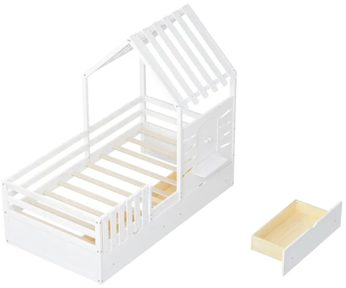 Merax House Platform Bed with 2 Drawers and Guardrails
