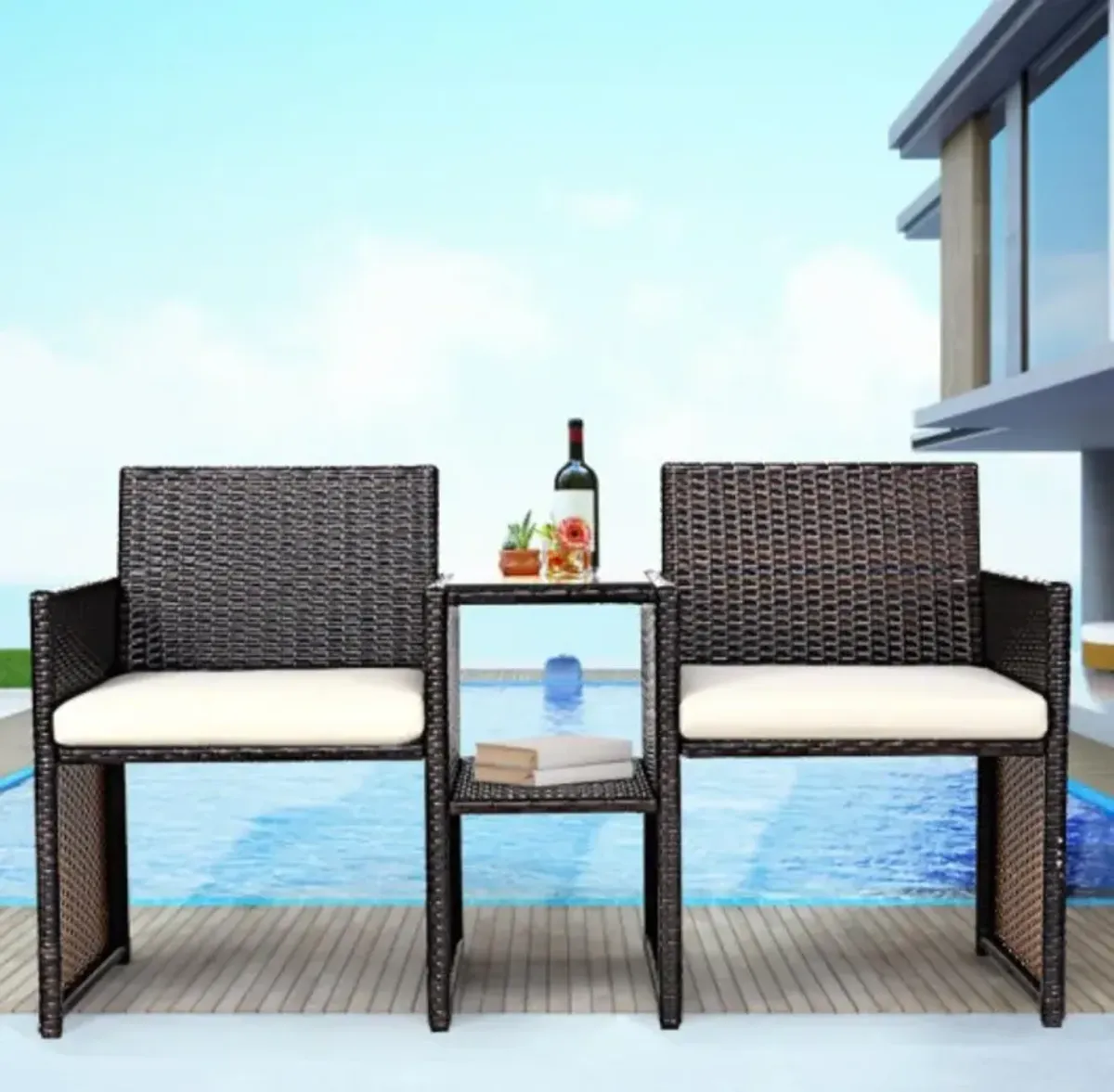 Patio Rattan Conversation Cushioned Seat Sofa Set