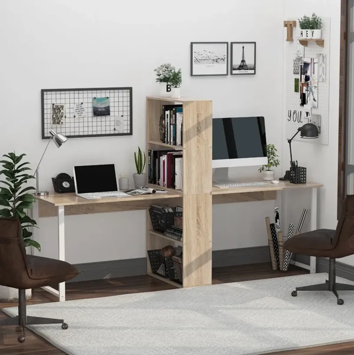 Natural Wood Duo Desk: 88" Double Workstation with Bookshelves