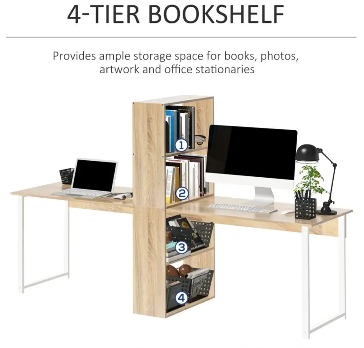 Natural Wood Duo Desk: 88" Double Workstation with Bookshelves