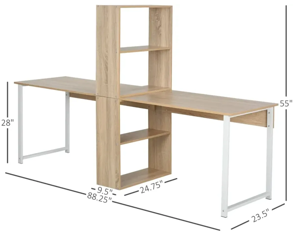 Natural Wood Duo Desk: 88" Double Workstation with Bookshelves