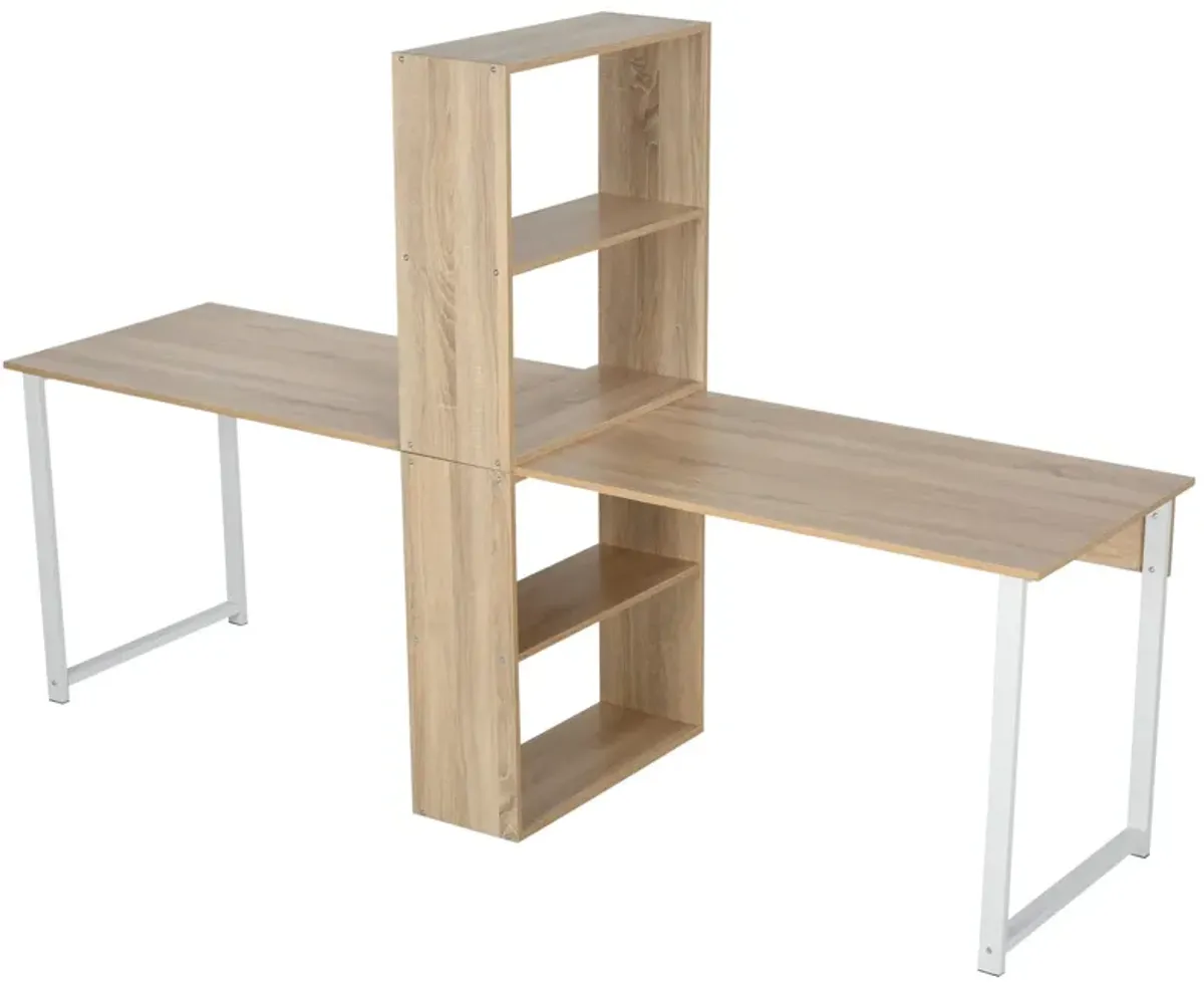 Natural Wood Duo Desk: 88" Double Workstation with Bookshelves