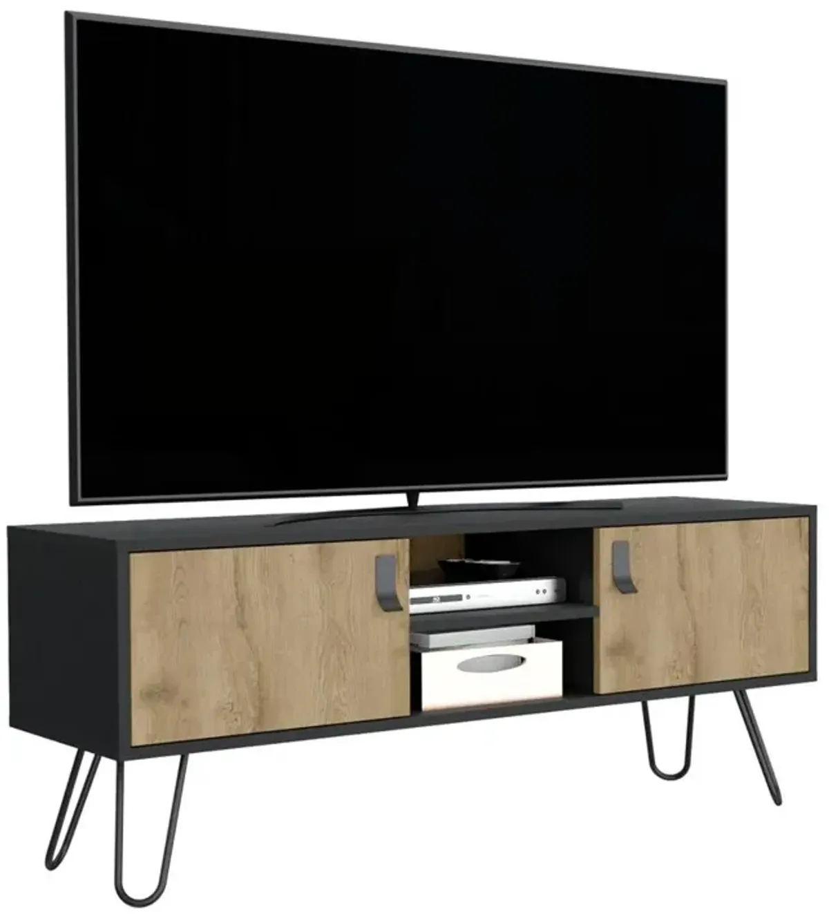 Toka Hairpin Legs TV Rack with Media Center and 2-Door, Black/Macadamia