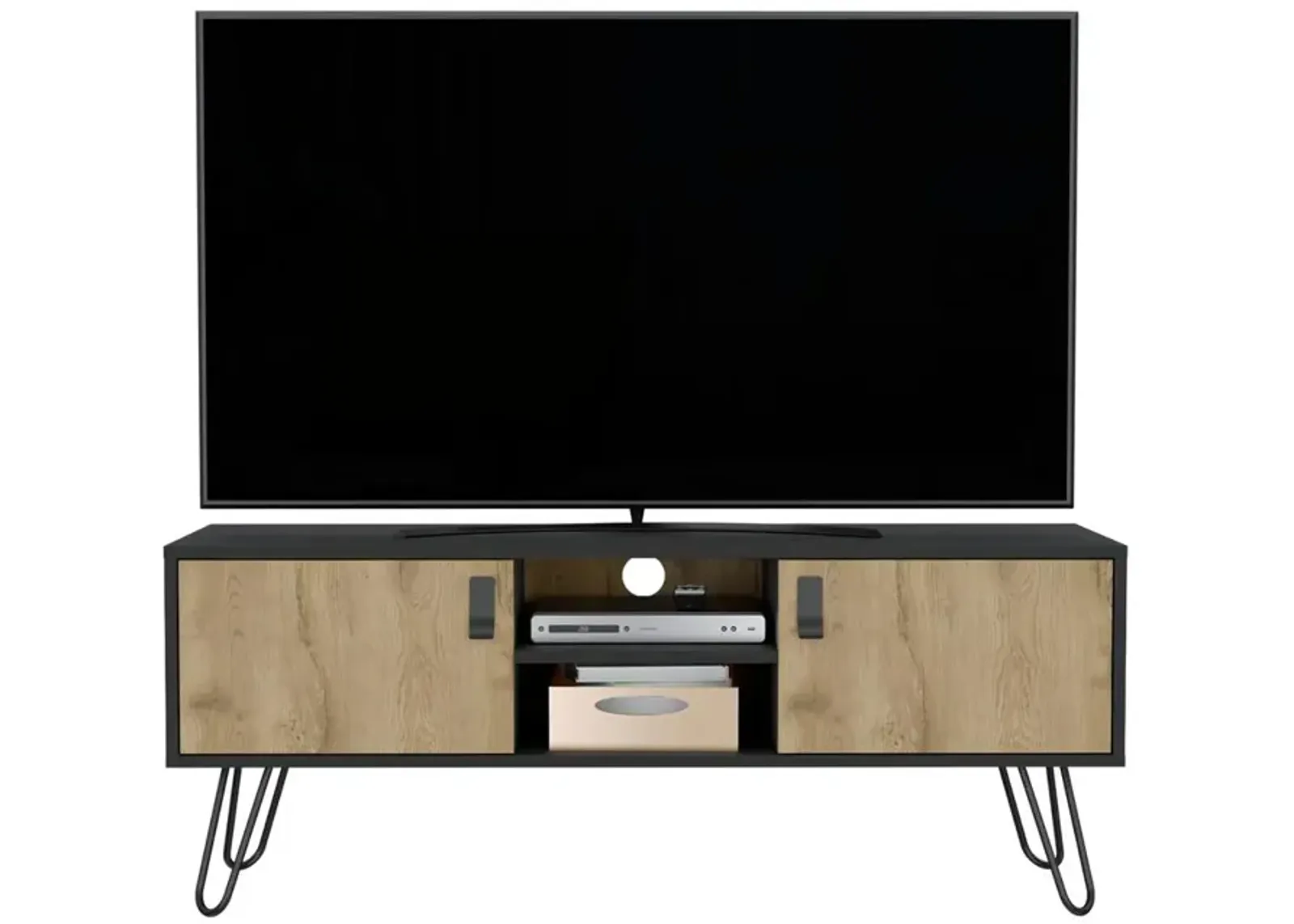 Toka Hairpin Legs TV Rack with Media Center and 2-Door, Black/Macadamia