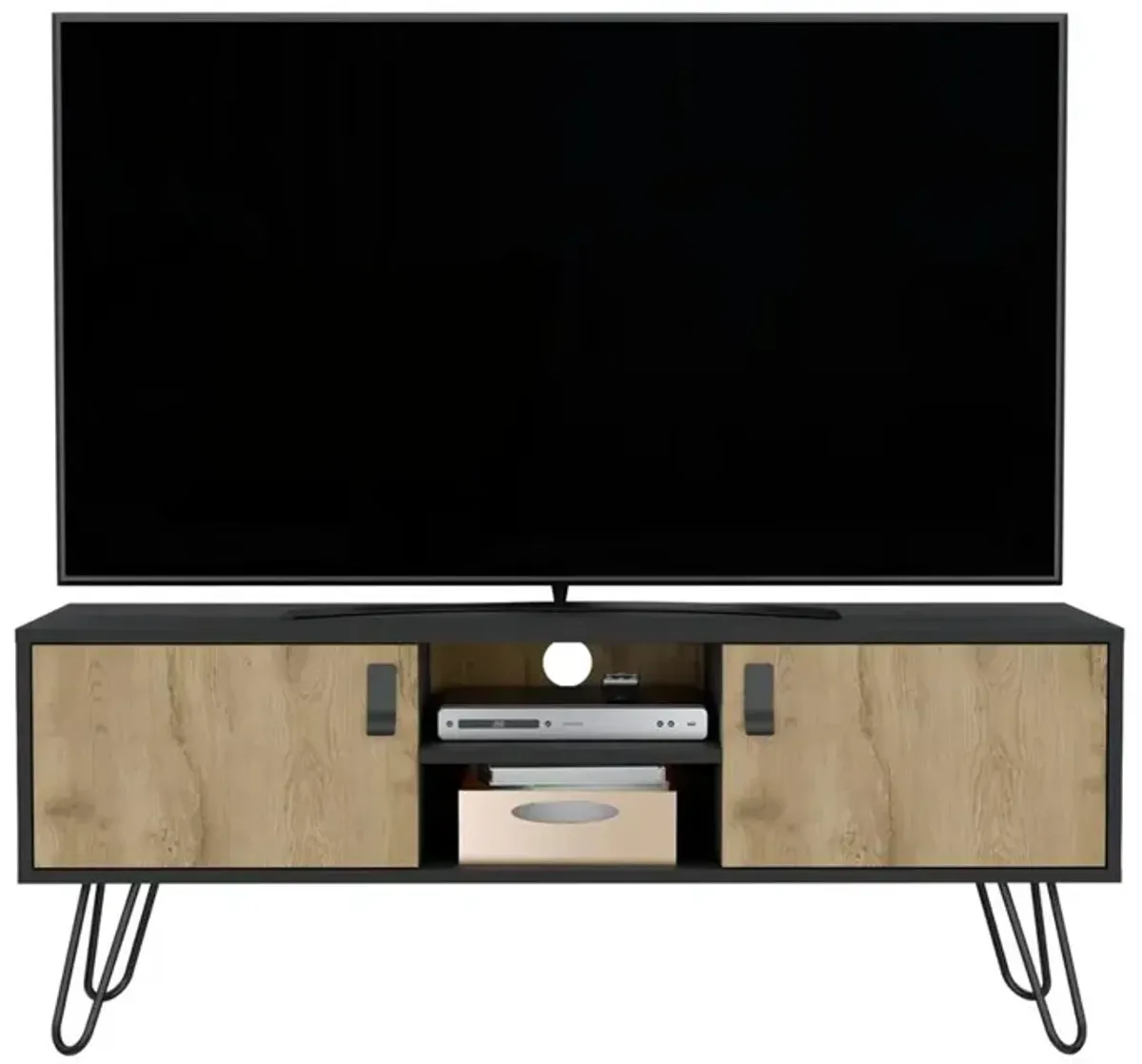 Toka Hairpin Legs TV Rack with Media Center and 2-Door, Black/Macadamia