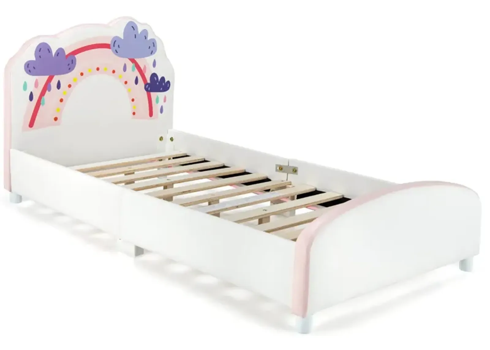 Kids Twin Size Upholstered Platform Wooden Bed with Rainbow Pattern