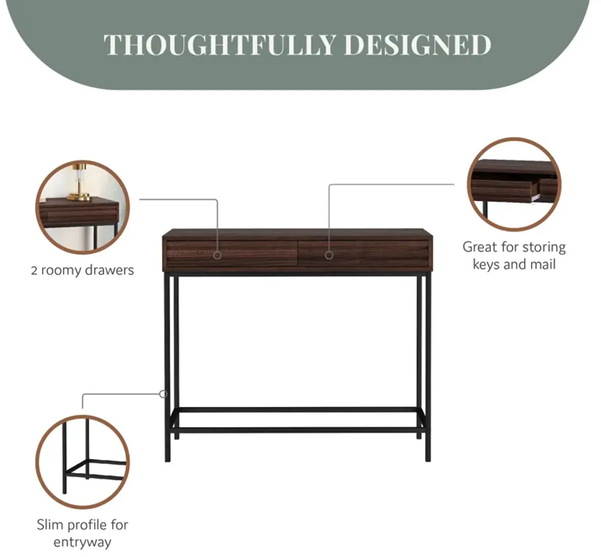 Jarrel 2 Drawer Console Table with Black Metal Legs