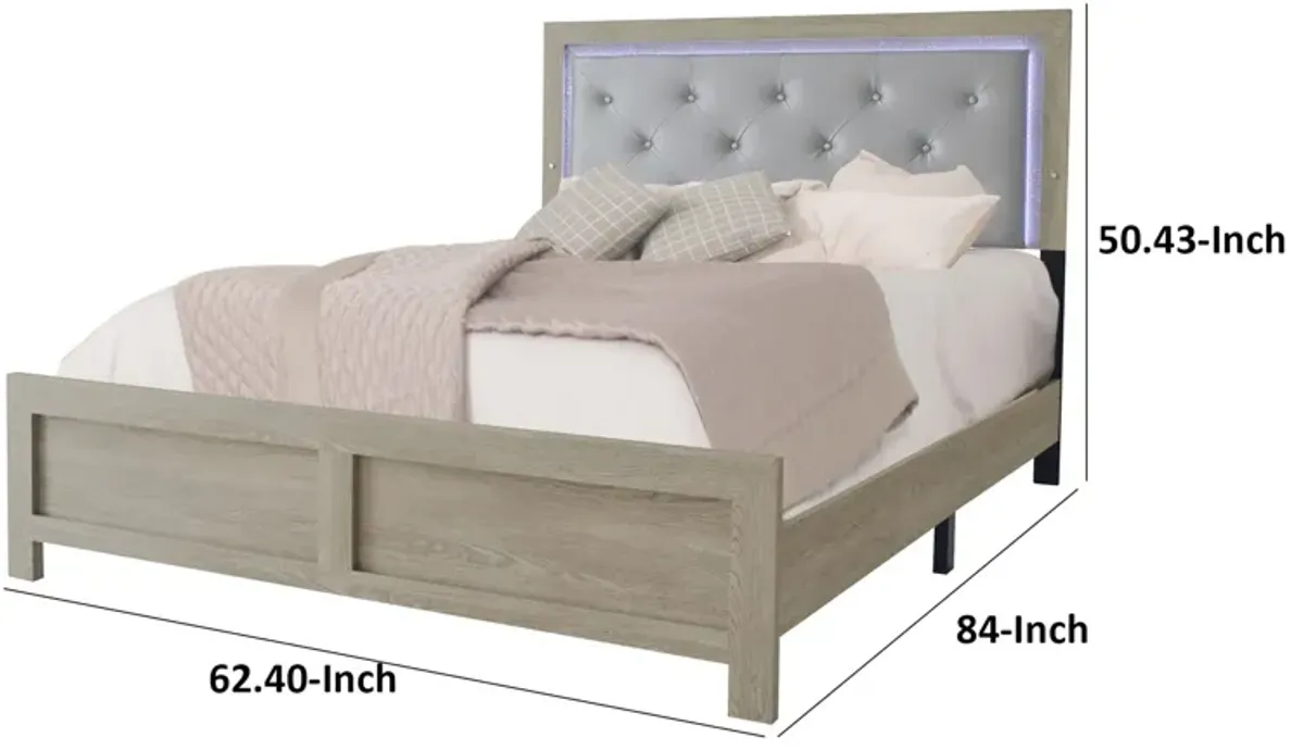 Ancy Queen Size Bed, Tufted and Upholstered Headboard, Light Gray Finish - Benzara