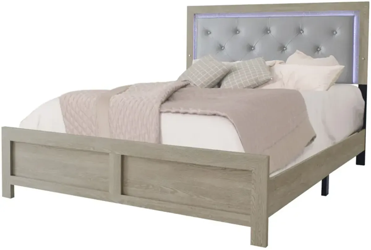 Ancy Queen Size Bed, Tufted and Upholstered Headboard, Light Gray Finish - Benzara