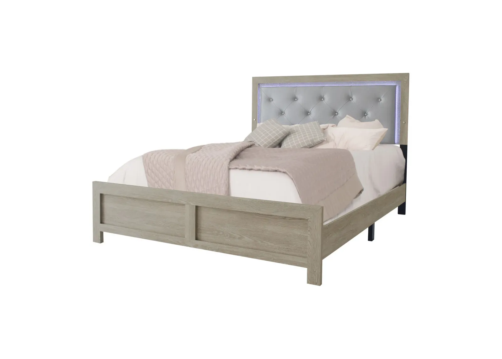 Ancy Queen Size Bed, Tufted and Upholstered Headboard, Light Gray Finish - Benzara