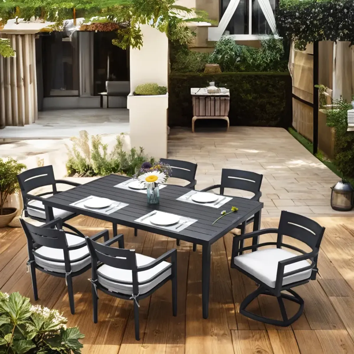 Modern 7-Piece Aluminum Patio Dining Set with Ergonomic Dining Chairs, Swivel Rockers, Fabric Cushions & Umbrella-Ready Rectangle Table