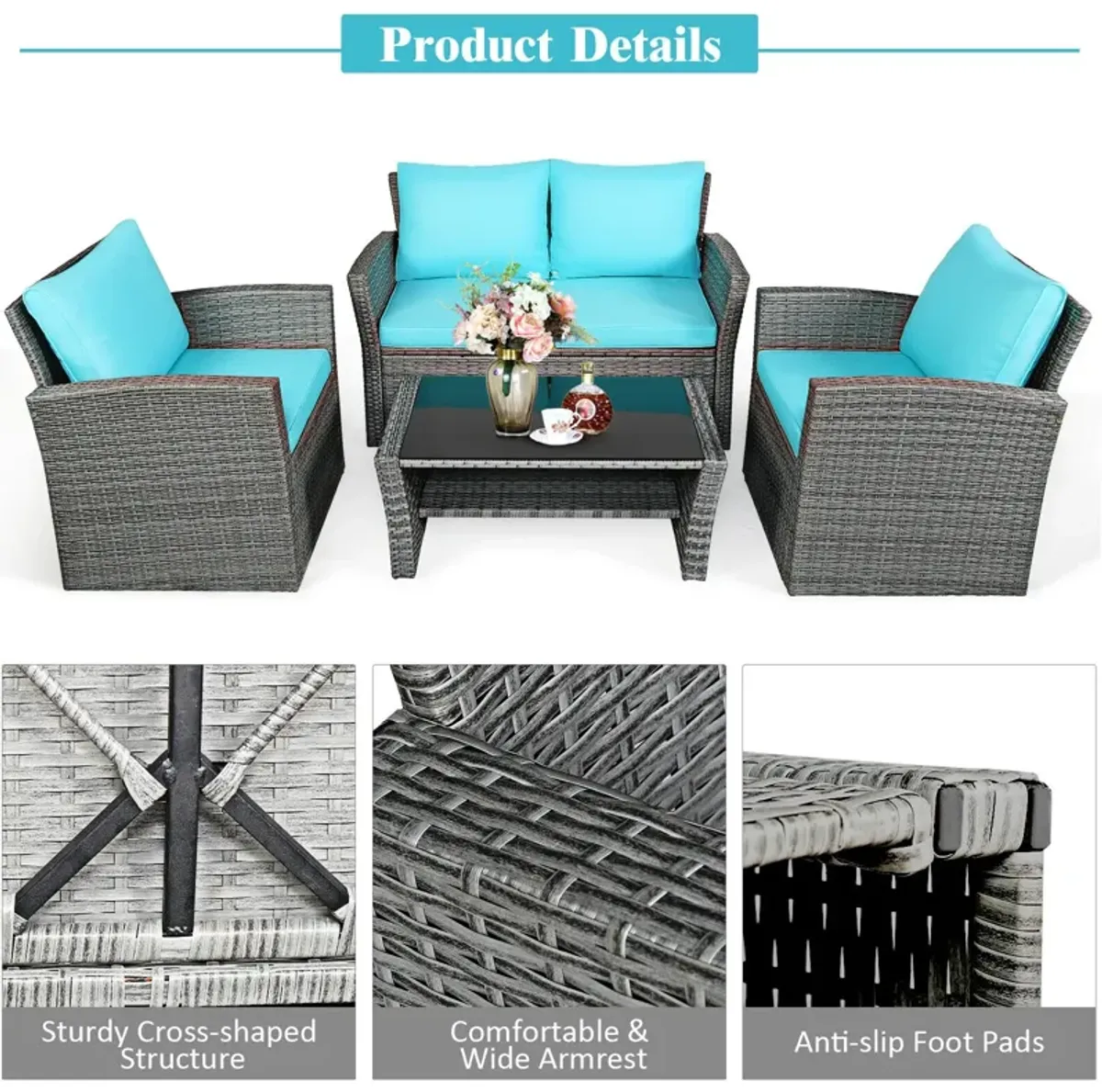 4 Pieces Patio Rattan Furniture Set Sofa Table with Storage Shelf Cushion