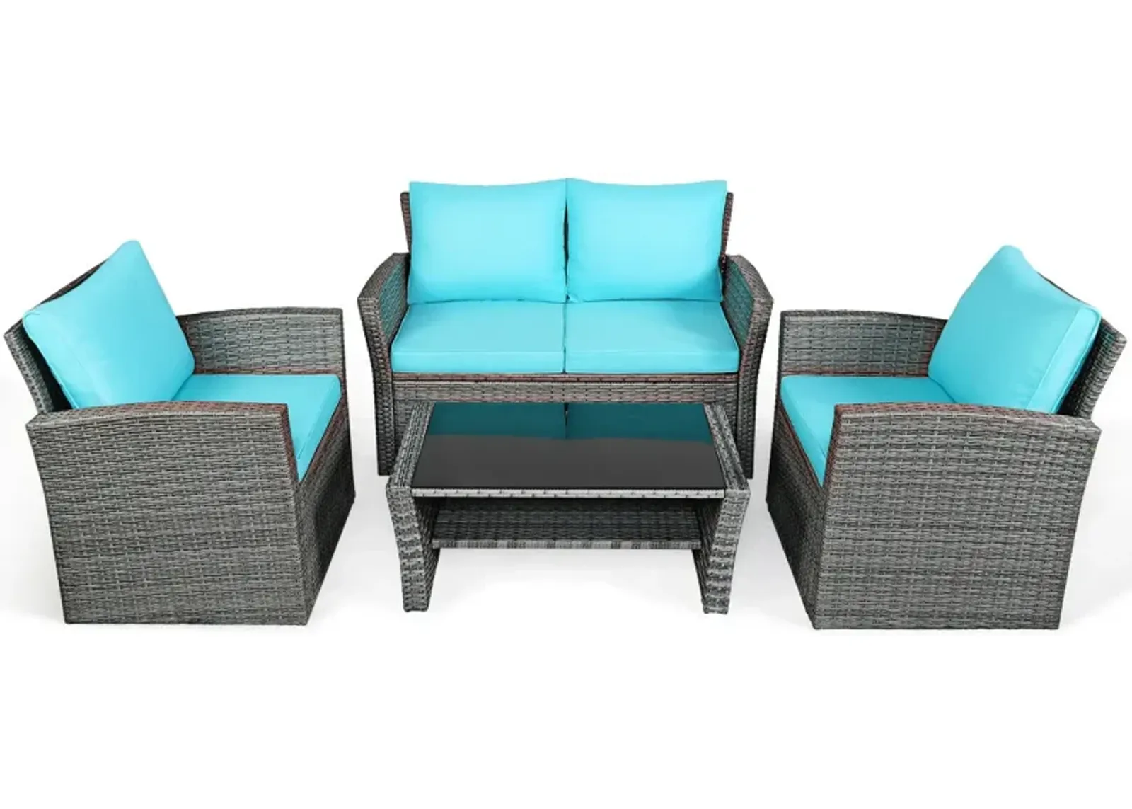 4 Pieces Patio Rattan Furniture Set Sofa Table with Storage Shelf Cushion