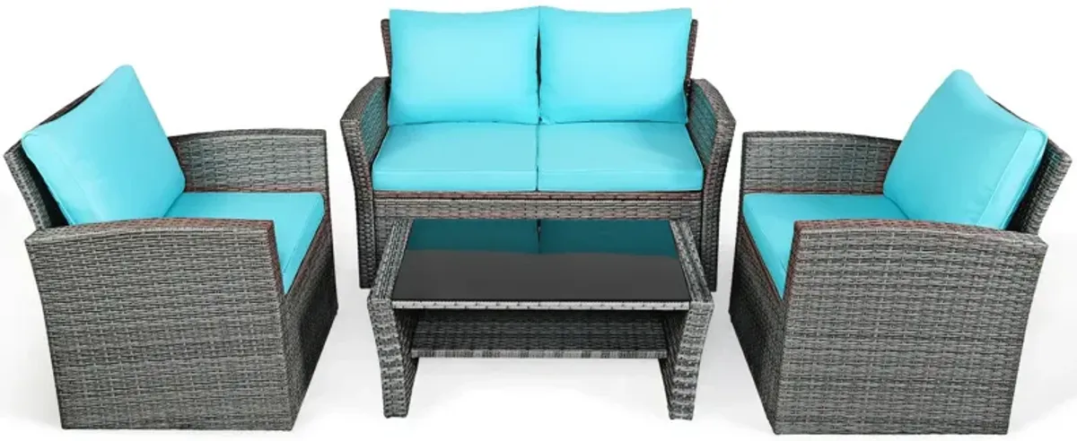 4 Pieces Patio Rattan Furniture Set Sofa Table with Storage Shelf Cushion