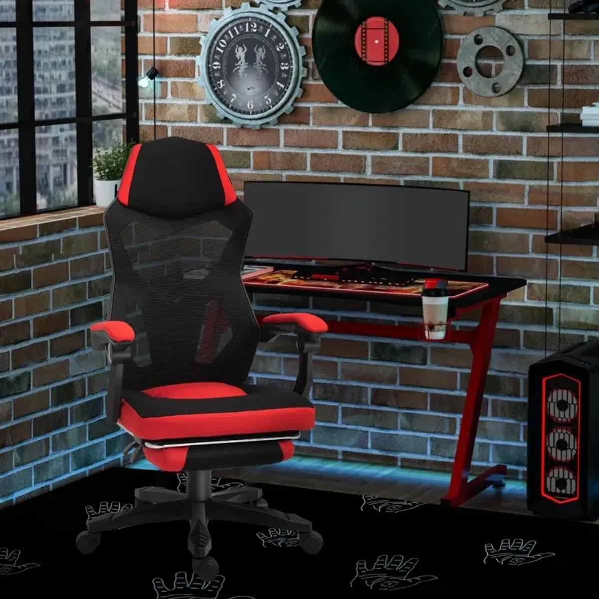 Red Ergonomic Task Chair: Mesh Office Chair with Retractable Footrest