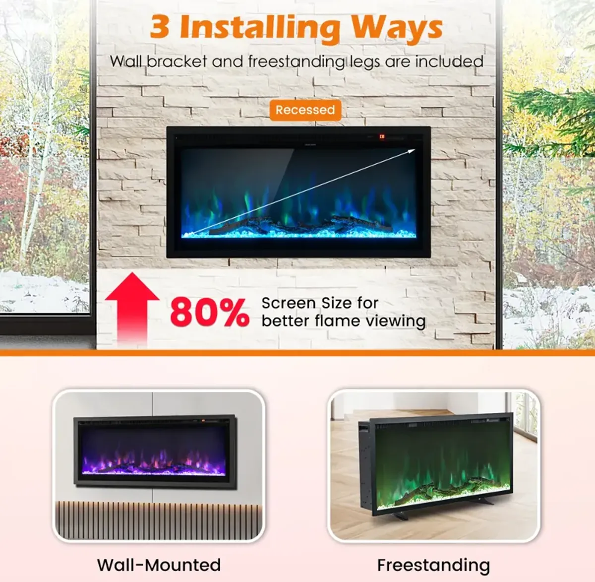 Electric Fireplace in-Wall Recessed with Remote Control and Adjustable Color and Brightness