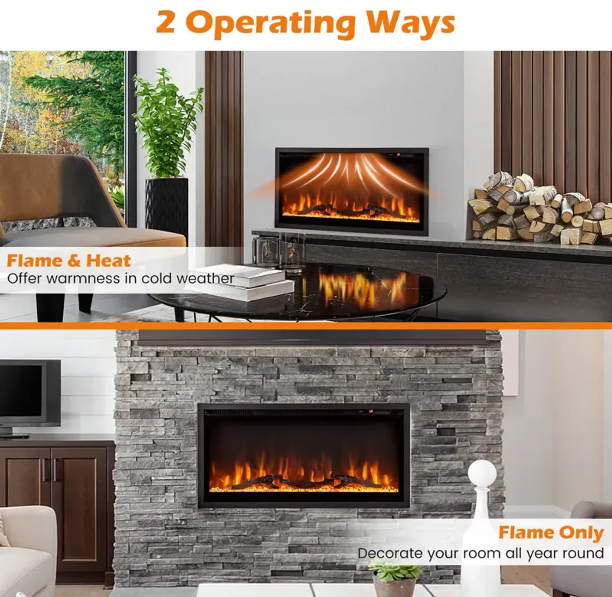 Electric Fireplace in-Wall Recessed with Remote Control and Adjustable Color and Brightness