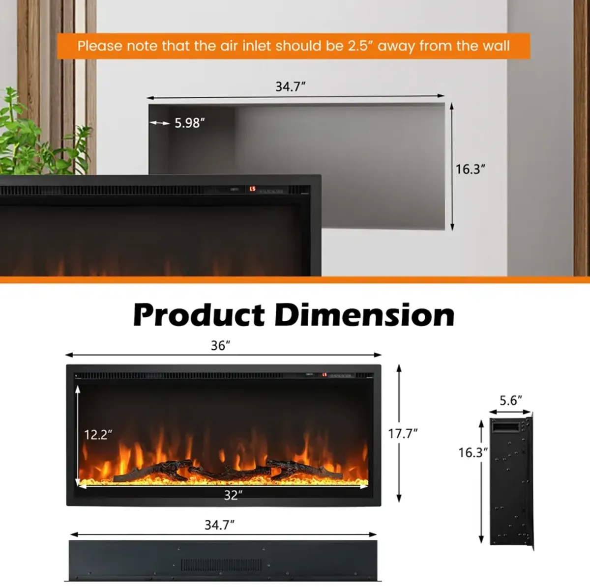 Electric Fireplace in-Wall Recessed with Remote Control and Adjustable Color and Brightness